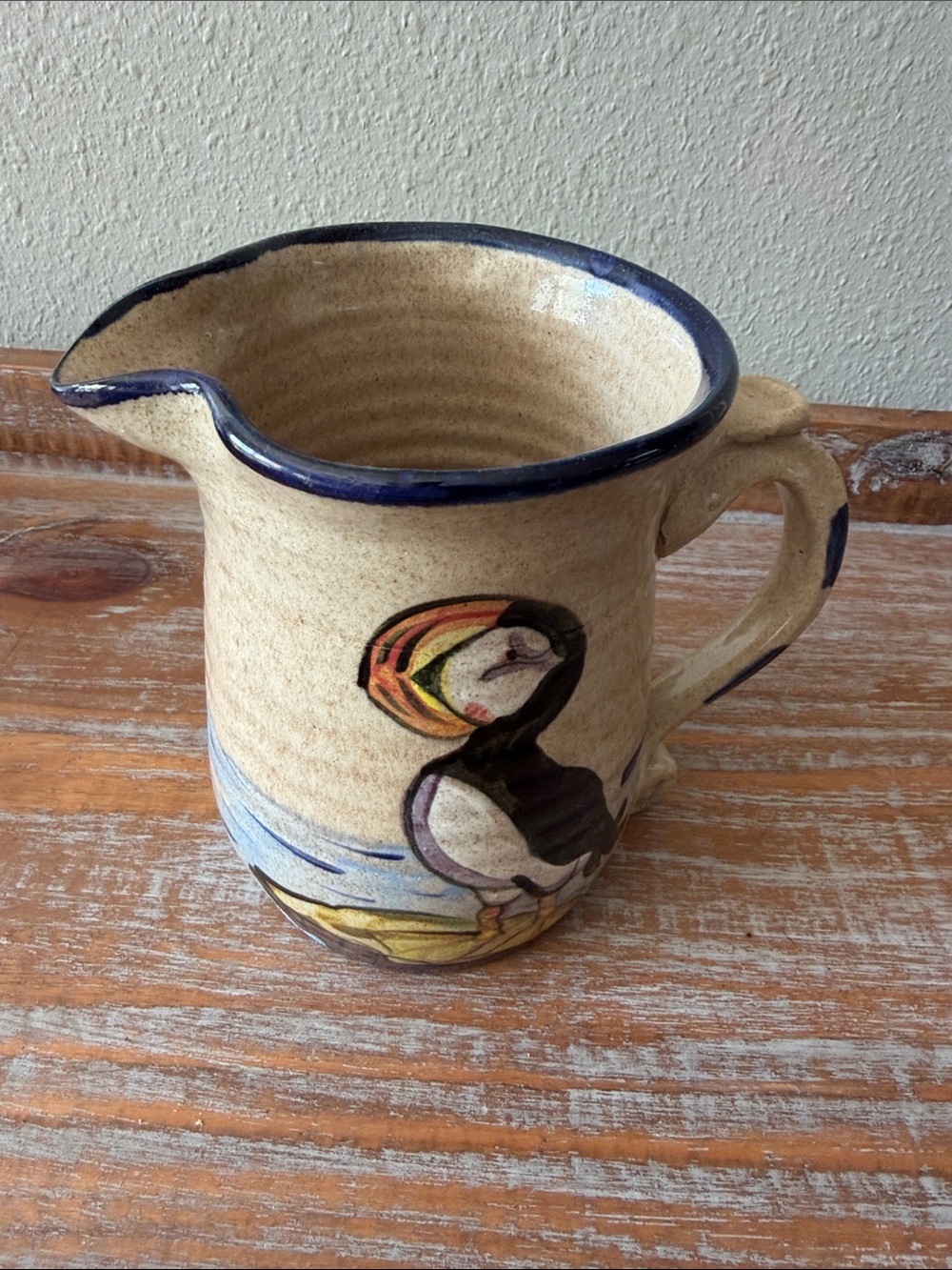 Hand-Painted Puffin Ceramic Pitcher in Cream and Blue